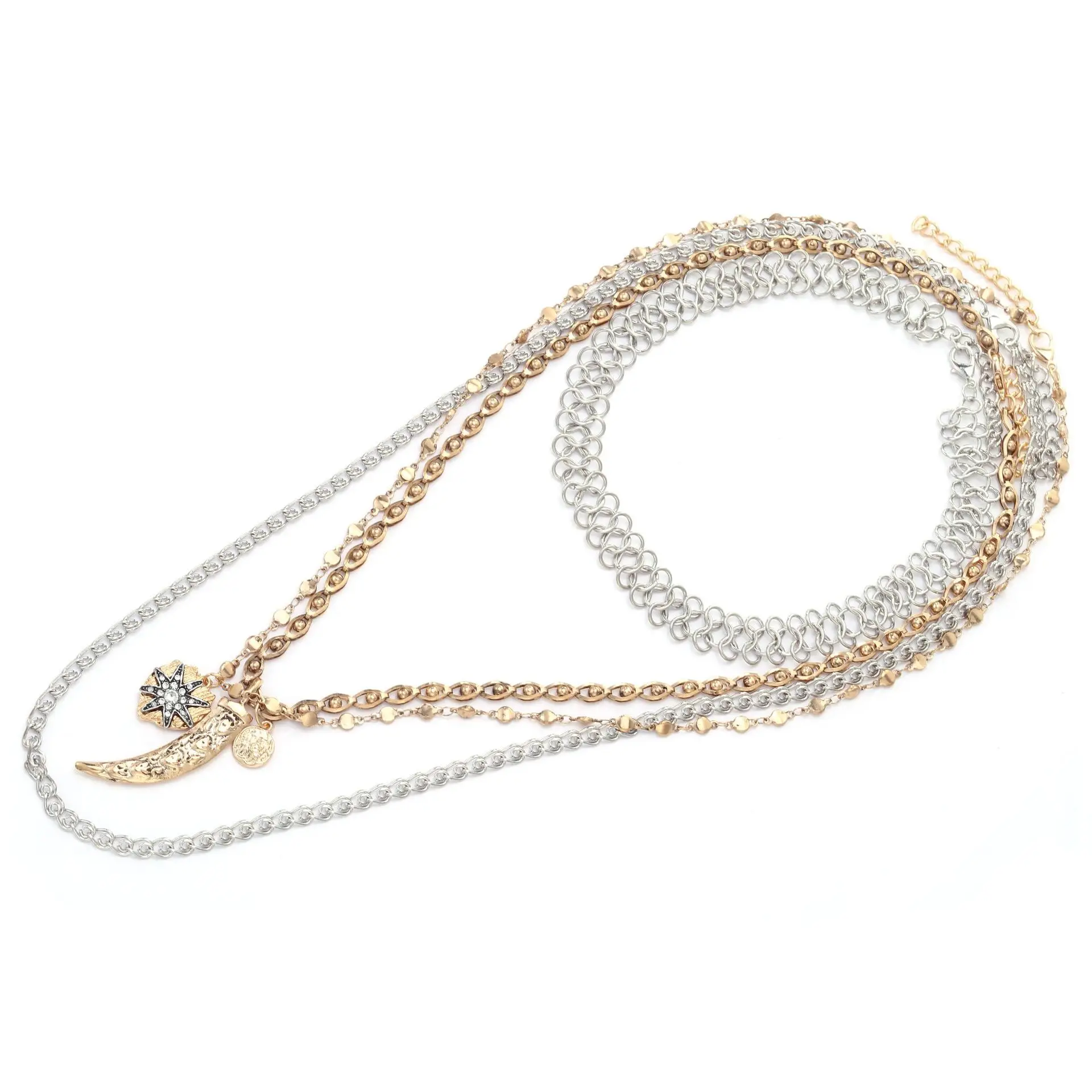 Boho Mehrschichtige Halskette mit Tierzahn- und Sternmünzanhänger für Damen, Vintage Metallkette, Choker, Statement-Schmuckaccessoires – Detail 5