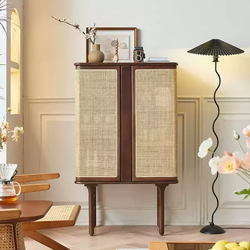 B Nordic rattan solid wood dining side cabinet wabi-sabi wind double door three-layer storage cabinet