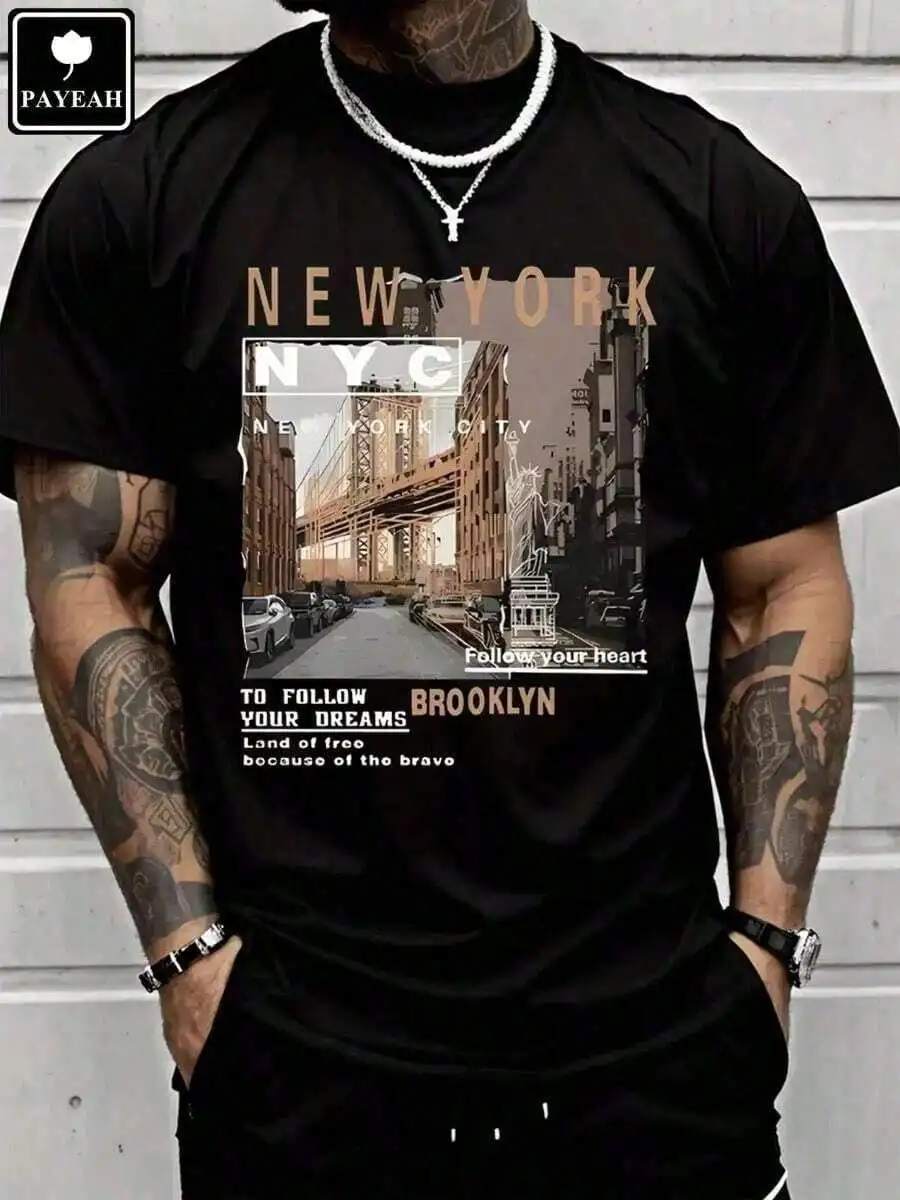 

Casual Men's Streetwear T-Shirt, Retro Print, Summer Short-Sleeve, Western Style, Black, S-XXXL