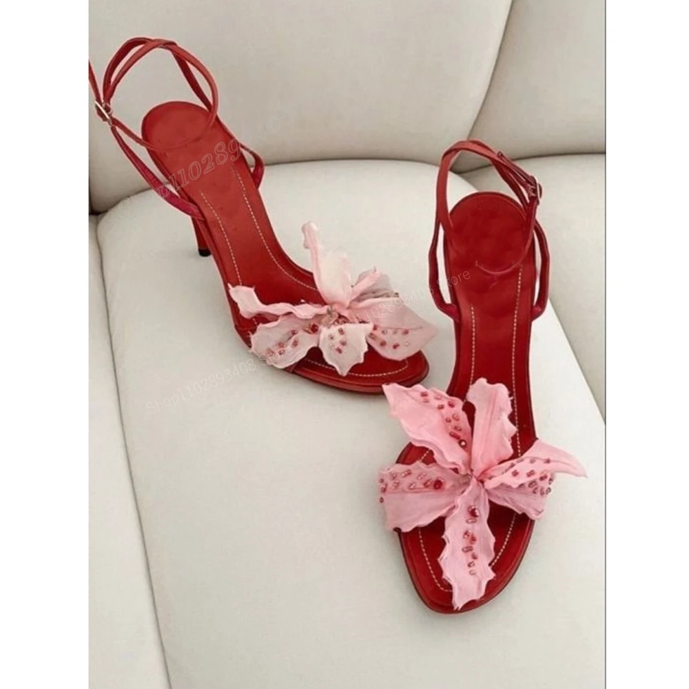 Pink Flower Decor Round Toe Sandals Ankle Buckle Stiletto High Heel Fashion Sweet Women Shoes 2024 Sexy Zapatos Para Mujere