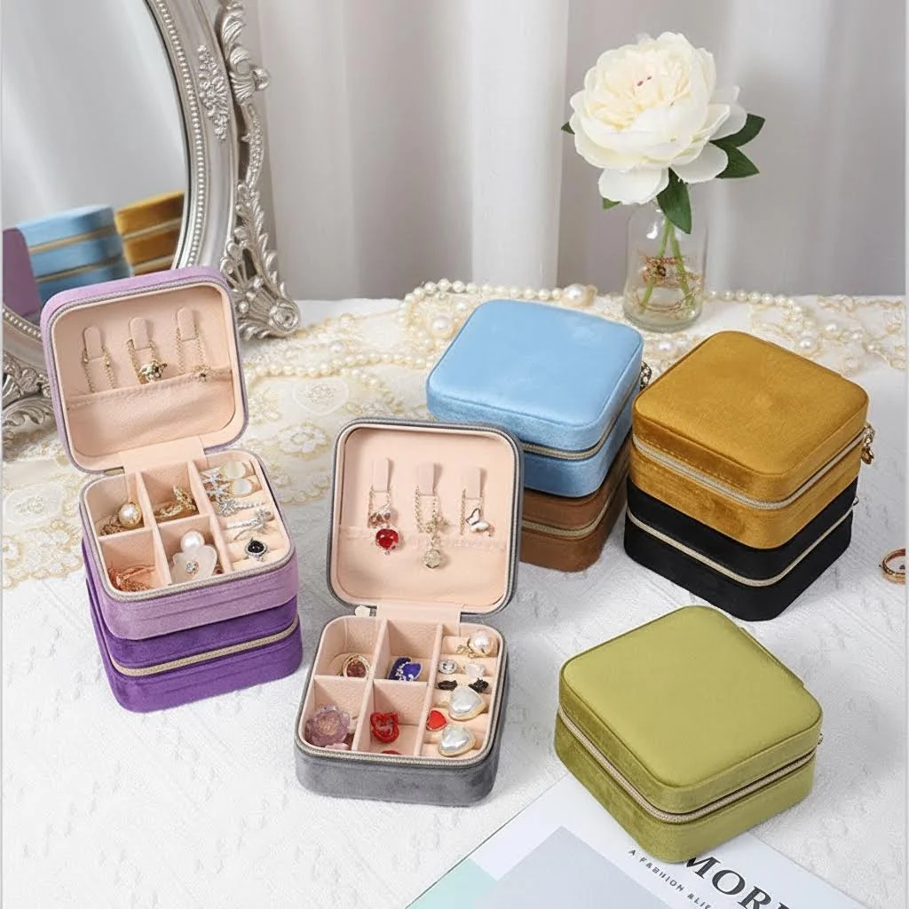 

Velvet Jewelry Box For Women Necklace Ring Earrings Organizer Holder Travel Portable Zipper Square Jewelry Storage Case