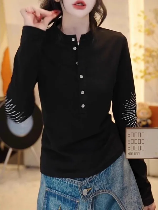 Ele plus size dames lange mouw T-shirt modieus open kraag basic shirt slip top voor het herfstseizoen