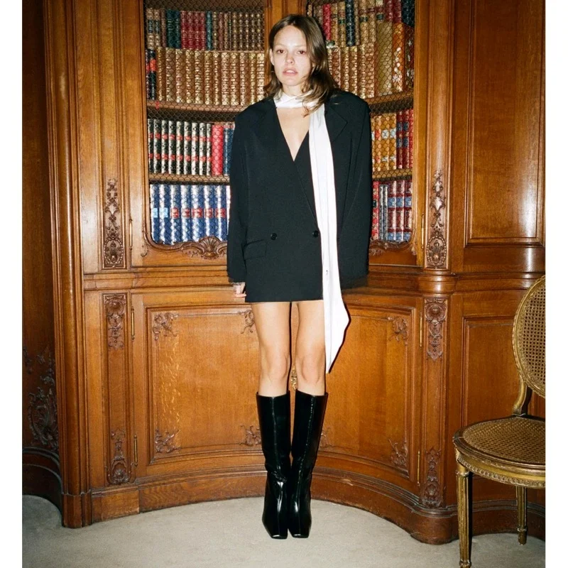 Winter New Women's Suit Coat with oulder Pads Long Sve Turn-down Collar Detachable Color Blo Scarf Casual Sle Polyes...