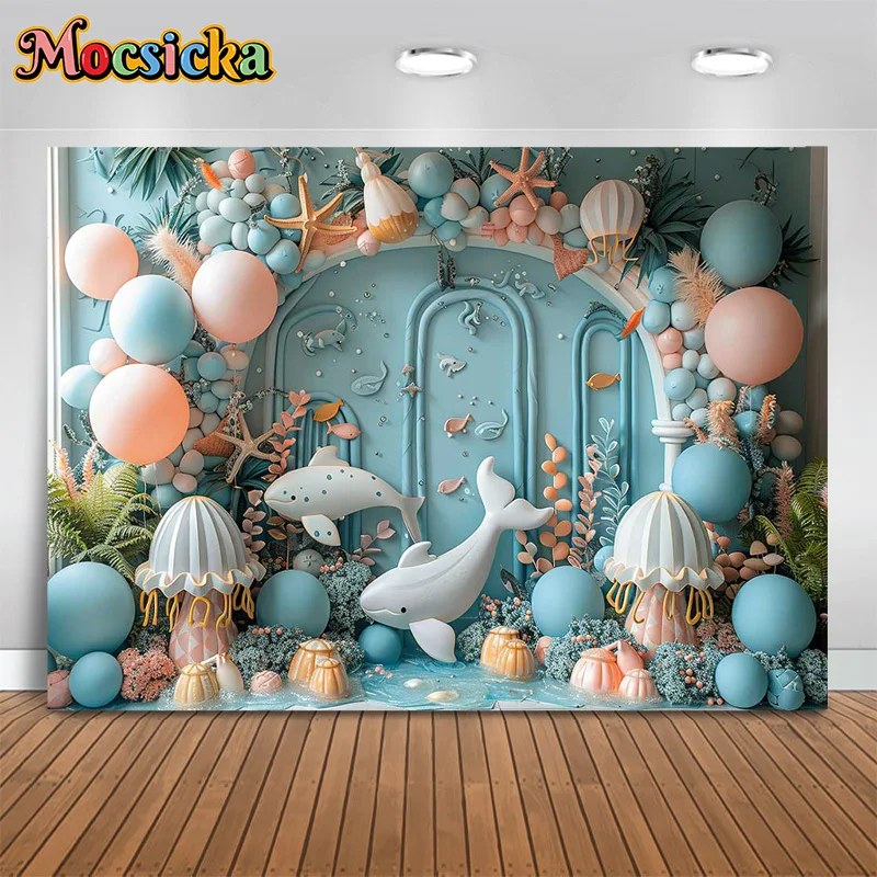 Mocsicka Happy Birthday Party Photography Background Underwater World Whale Balloon Backdrop Cake Smash Photo Banner Studio Prop