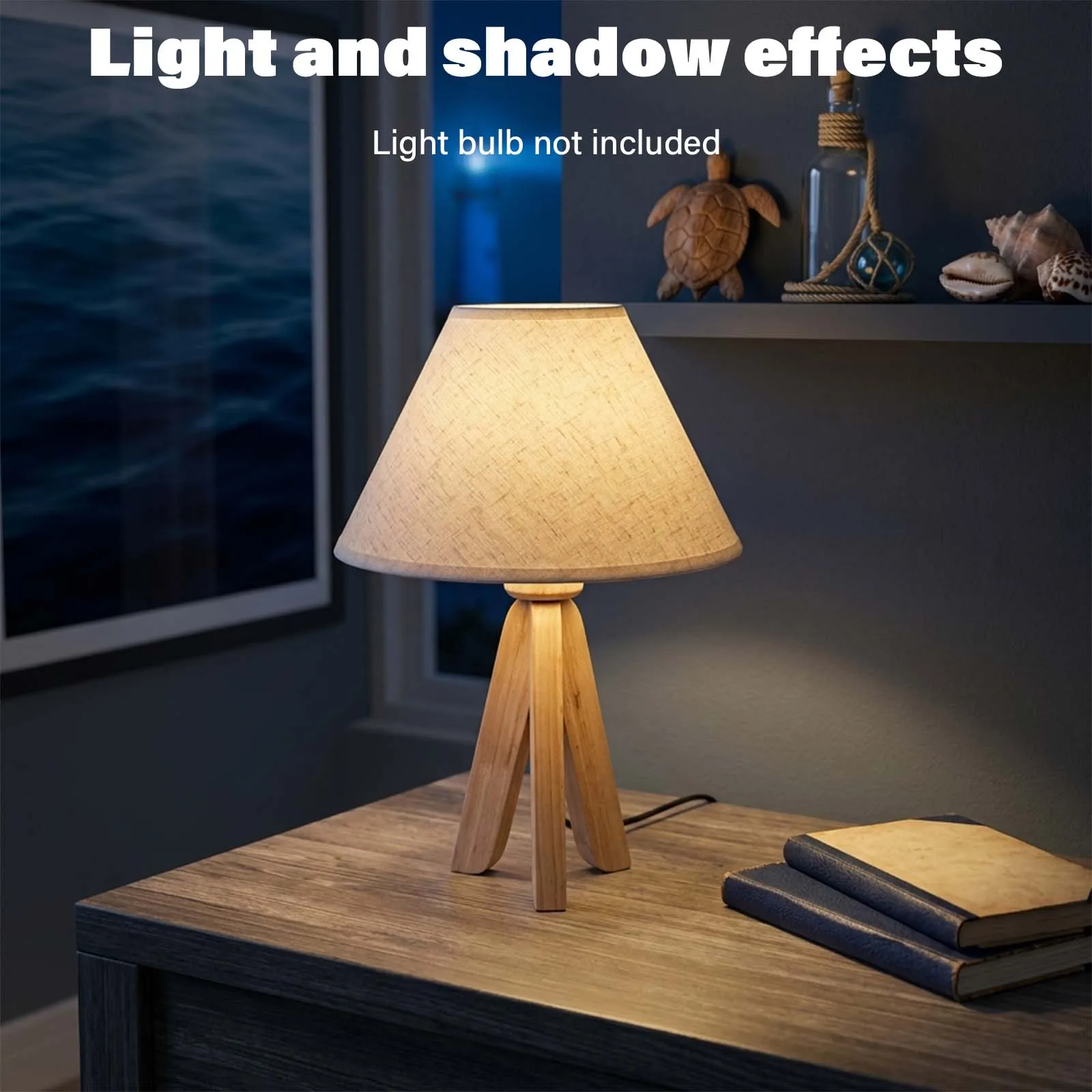 Table Lamp, Linen Fabric Shade, Wooden Tripod Base, E27, Nordic Bedside Nightstand Light