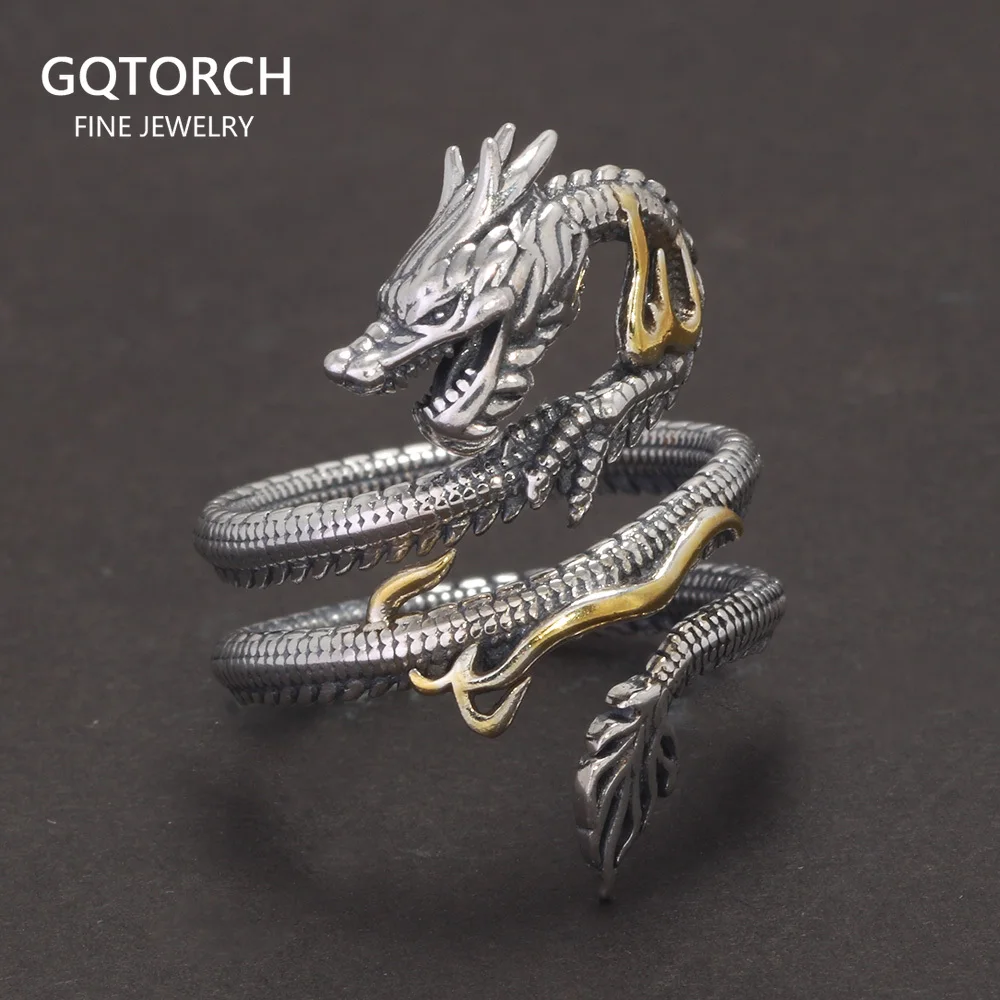 Real Solid 925 Silver Animal Dragon Ring Vintage Men\'s Opening Size Adjustable Personalized Men\'s Zodiac Jewelry