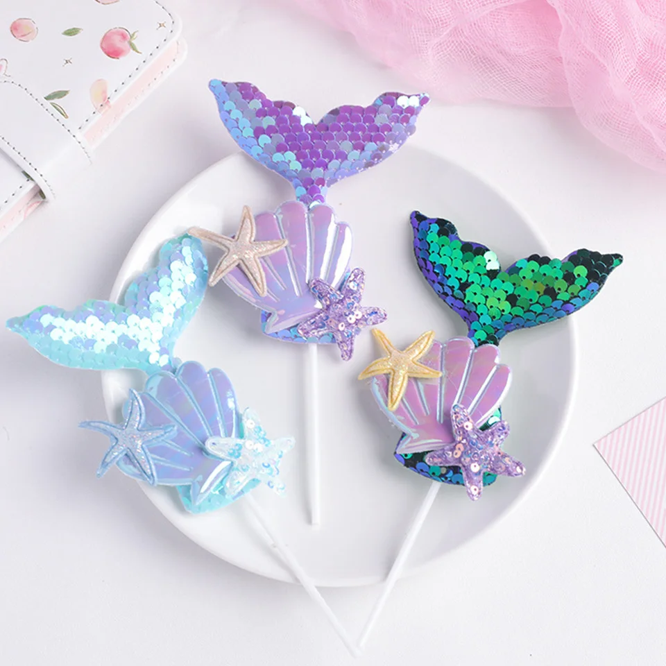 3 Stück Meerjungfrauenschwanz Pailletten Kuchen Topper Muffin Cupcake Topper für Meerjungfrau Themed Hochzeit Versorgung Geburtstag Party Kuchen Dekorationen – Detail 5