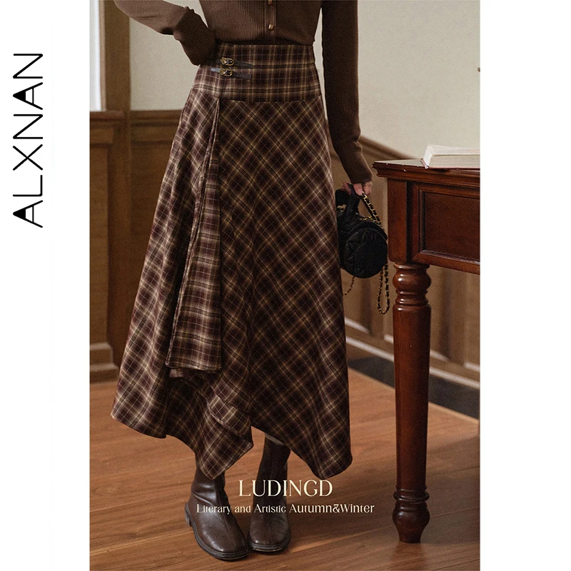 

ALXNAN Women's Skirt Autumn New High Quality Wrap Style Wide Waistband Irregular Hem Retro Long Skirt Commuting Clothing L569117