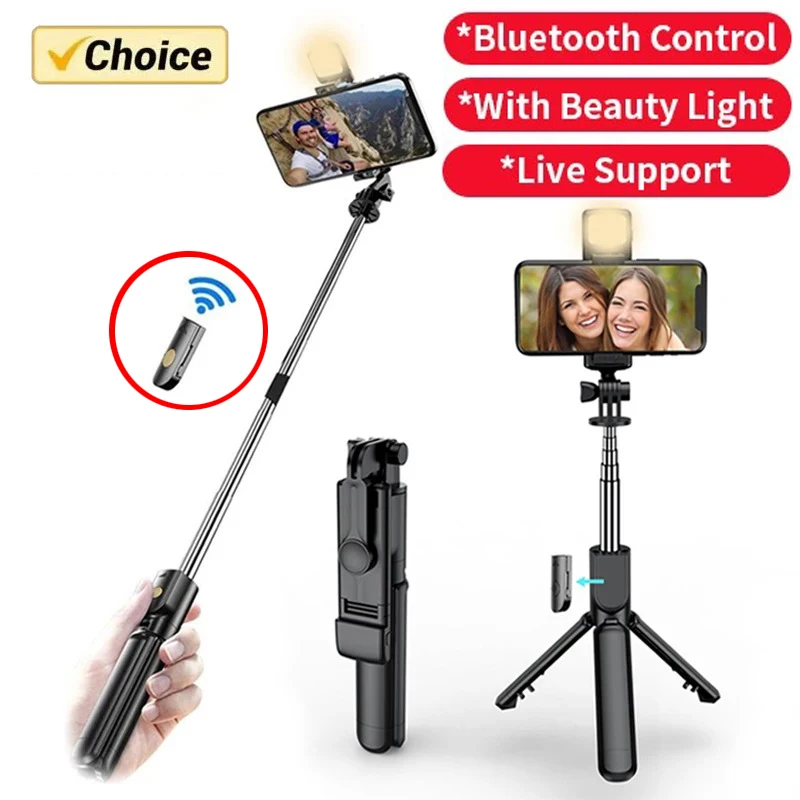 Selfie Stick draadloze statief met lichte Bluetooth-afstandsbediening Uitschuifbaar statief voor iPhone mobiele telefoon Tiktok Live streaming