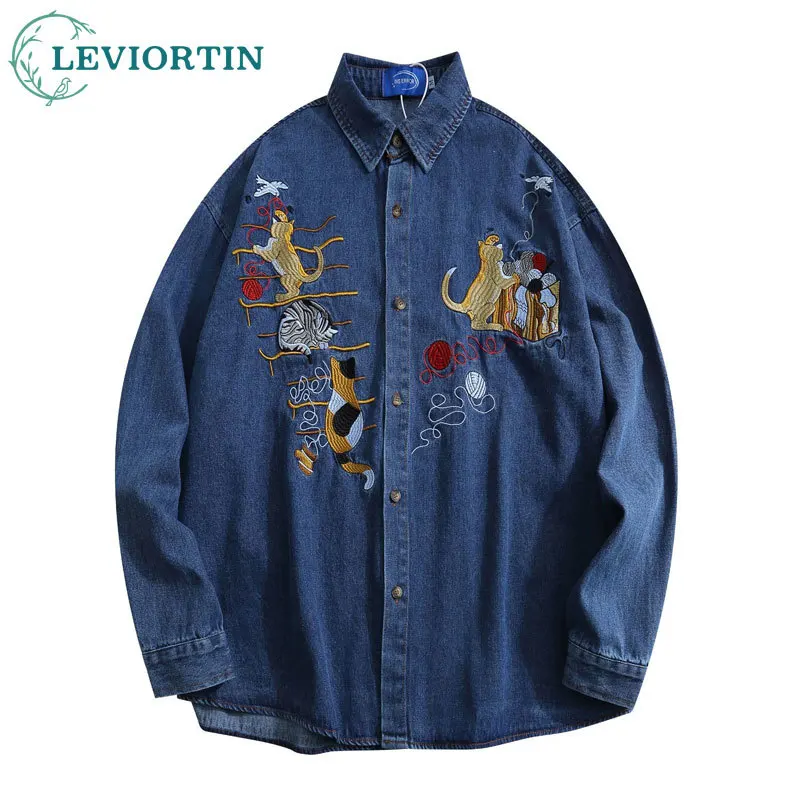 Autumn men Cat Embroidered Cowboy Shirt Vintage Style High Street Washed Distressed Loose Lapel Long Sleeve Denim Shirts Jacket