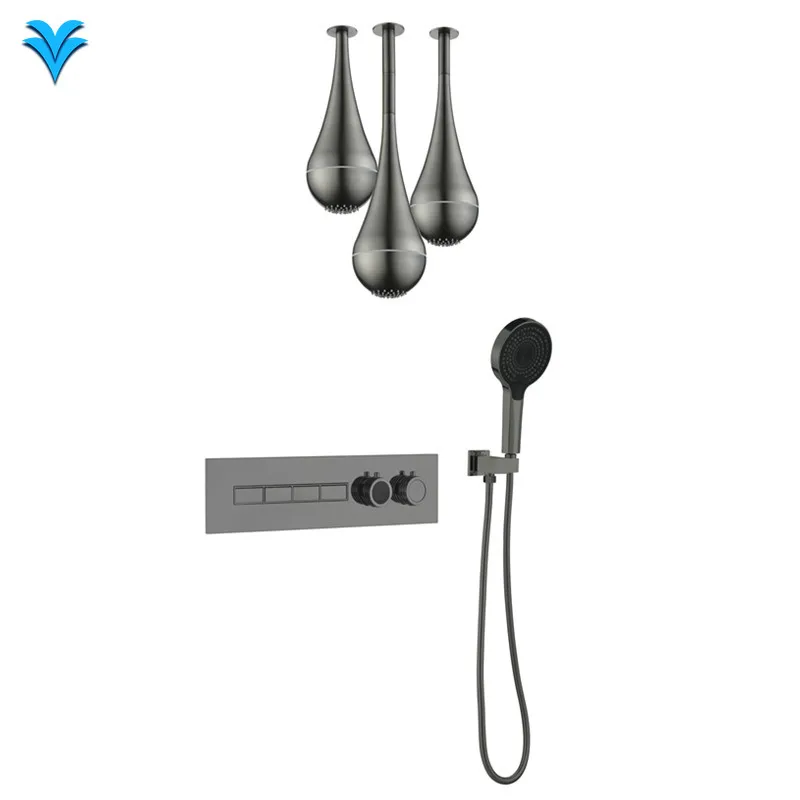 

2024 New Arrival Smart Home Ceiling Mounted LED Shower Head 4 Functions Luxury Gun Gray Shower Mixer Set for Bathroom