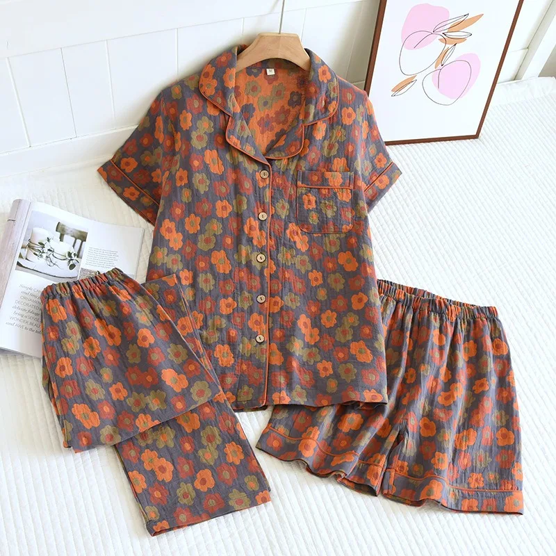 3 PCS Pajamas For Women New Homewear 100% Cotton Summer Short Sleeve Sleepwear Vintage Print Pijamas Female Home Suits