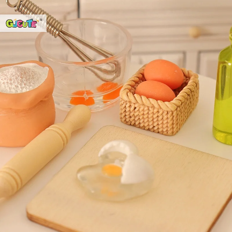 1Set 1:12 Dollhouse Miniature Egg Bowl Egg Beater Chopping Board Rolling Pin Flour Bag Kitchen Model Decor Kids Play Pretend Toy