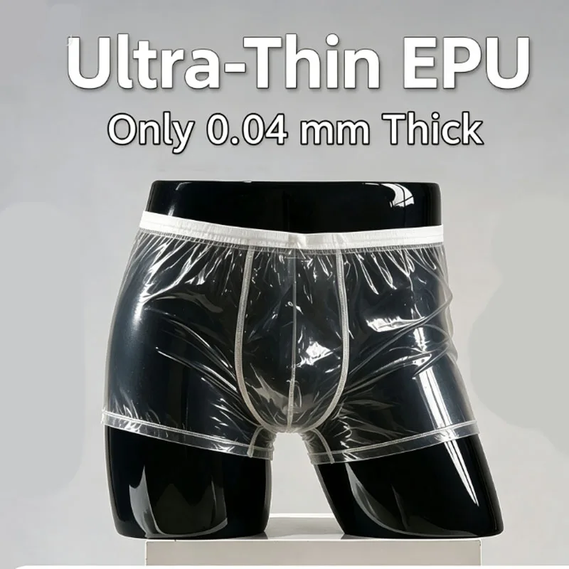 Men's Ultra Thin EPU Fully Transparent Sexy Boxer Shorts Waterproof Plastic Erotic Underwear Mens U Convex Pouch Square Panties