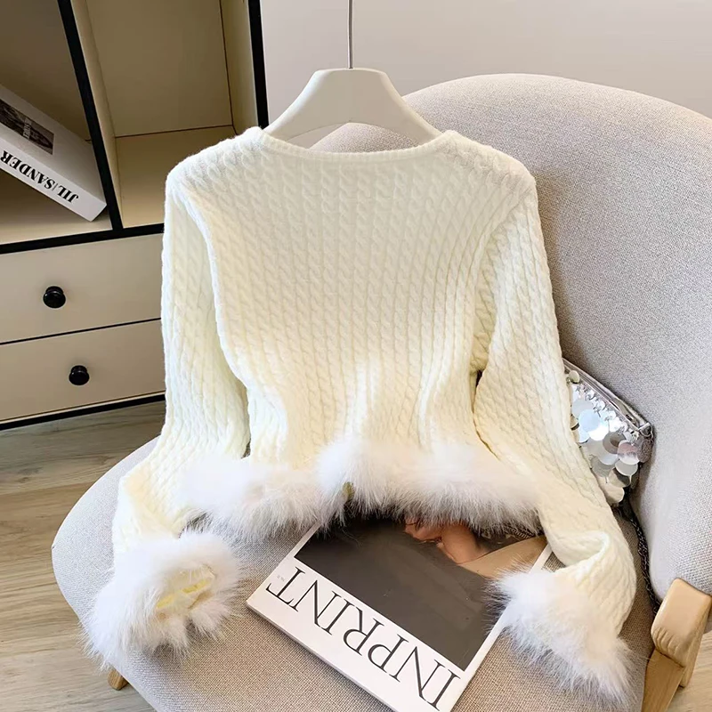 Cárdigan de punto informal elegante para mujer, suéter liso de retales peludo con botones de manga larga, prendas de vestir sencillas y elegantes con cuello redondo para oficina