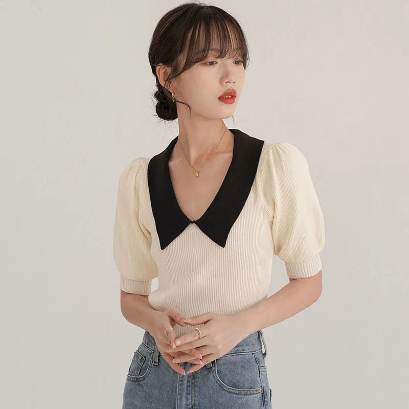 Vintage Puff Short Sleeved Knitted Tops Woman Elegant Chic Slim Fit Knitwear T-Shirts Female Fashion Contrast Color Lapel Tshirt
