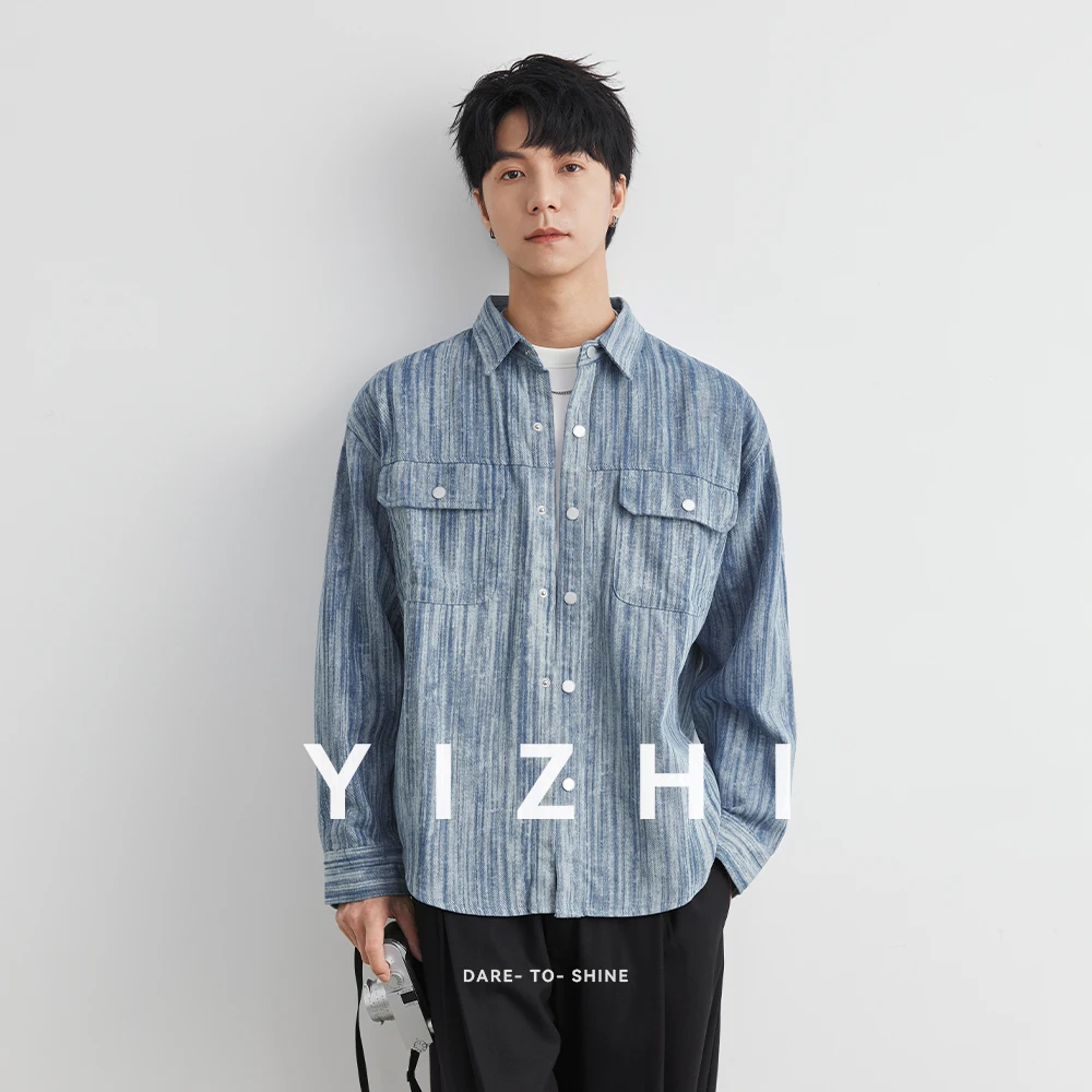 

Fashion Men's Workwear Cotton Long Sleeve Striped Shirt 2025 Autumn New Lapel Loose Pocket Shirt Tops Jacket Men Clothing