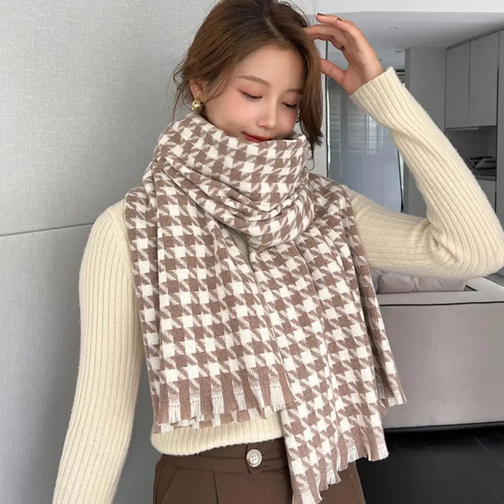 Autumn Winter Women Thermal Scarf Contrast Color Plaid Fine Touch Double Sided Warm Shawl Windproof Long Scarf for Outdoor