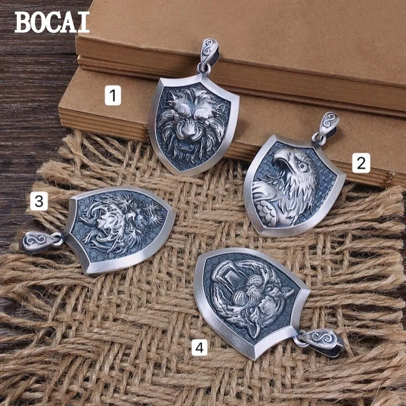 

BOCAI New S999 Sterling Silver Personality Retro Domineering Hip-hop Lion Tiger Head Eagle Faucet Shield Pendant Man.