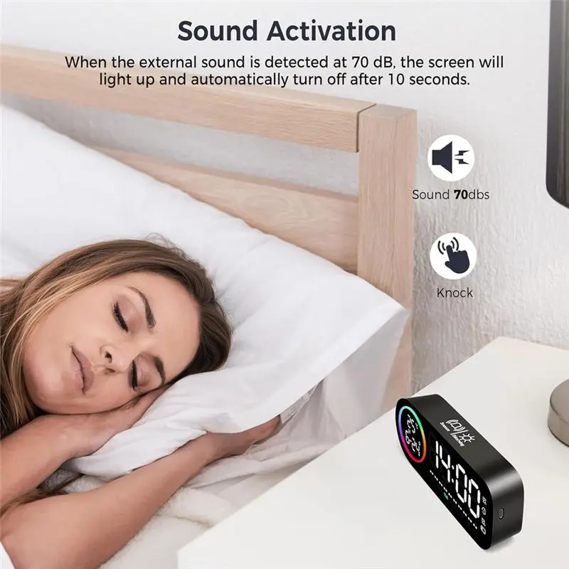 A11E-Digital Alarm Clock With 7 Color Night Light, 4 Brightness Levels, Large LED Temperature Display, Voice Control, 12/24H