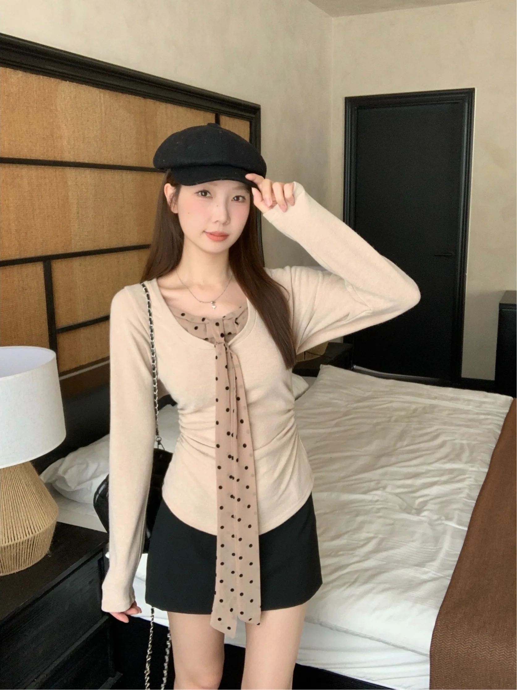 

plus Size Polka Dot Long Sleeve Slim Fit T-Shirt Women's Commute Style Korean Version Autumn New Design Sensation Top