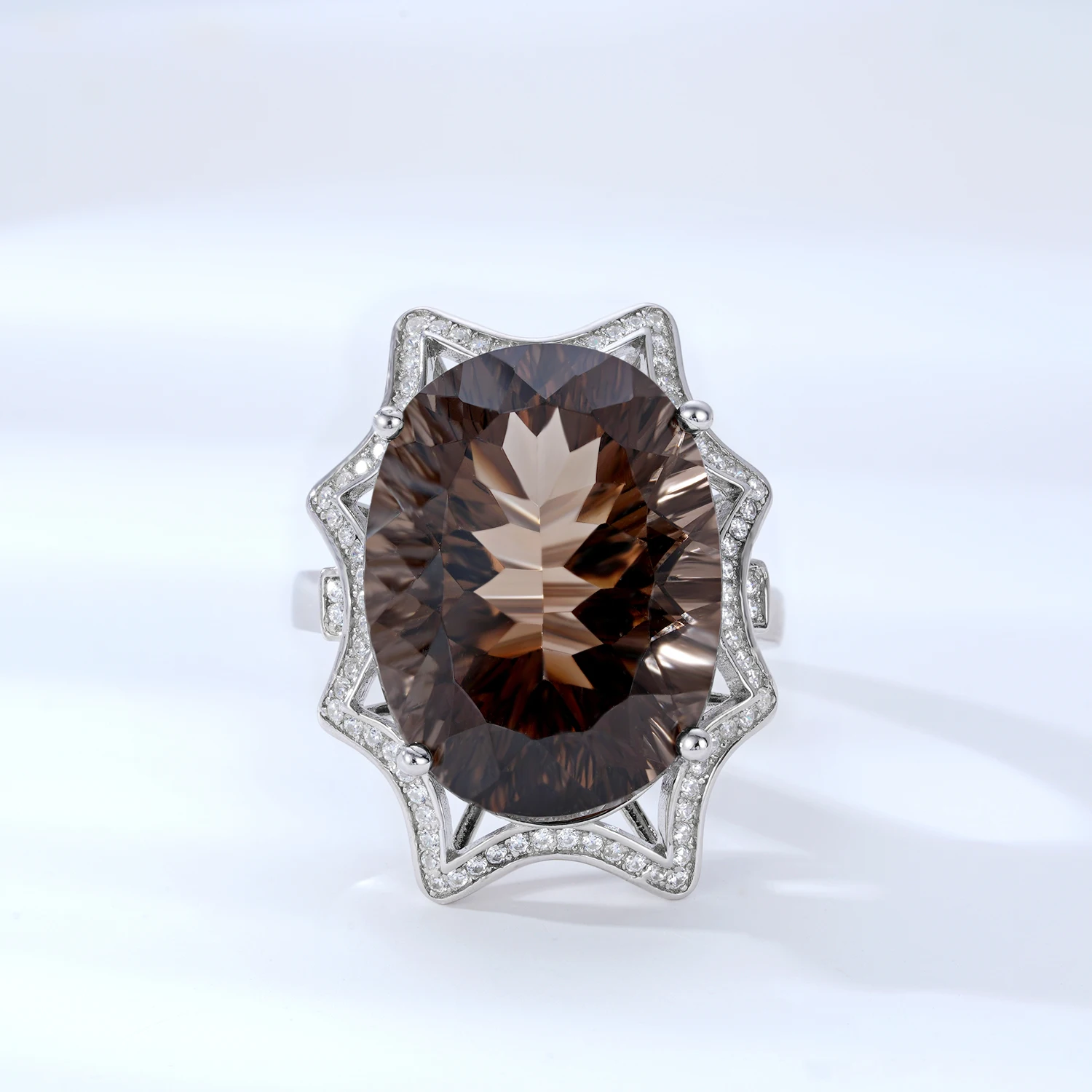 YBO Flower Shaped Big Gemstone Women Rings Luxury Natural Smoky Quartz Gems Finger Rings 925 Sterling Silver Fine Jewelry Gifts