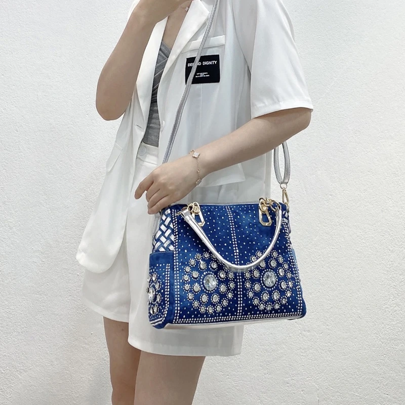 

Fashion Lady Diamond Denim Bag Canvas Square Handbag Woven Bag Trendy Messenger Bag Women Tote Bag Luxury Handbags