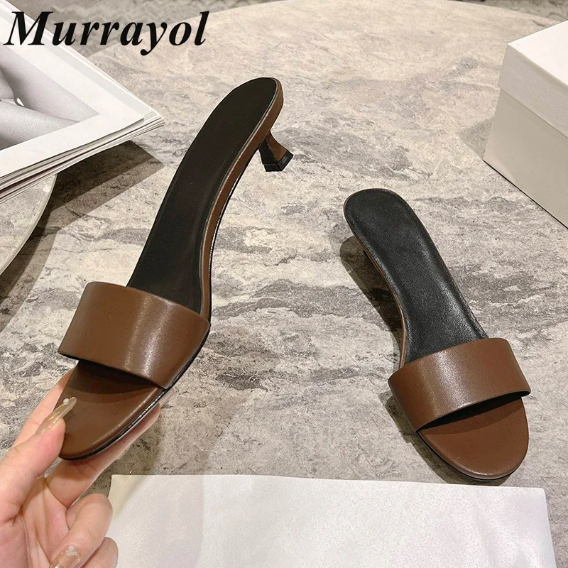 

New Open Toe Genuine Leather kitten Heels Slippers Women One Strap Solid Color Slippers Summer Vacation Shoes Dress Shoes