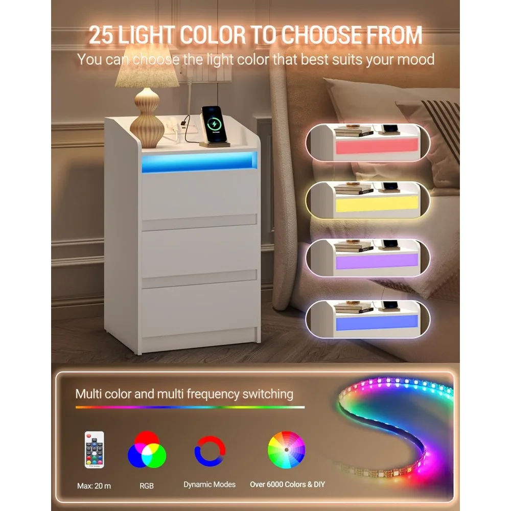 Mesilla de Noche de 3 Cajones، Mesa Auxiliar con Estacional de Carga y LED #4