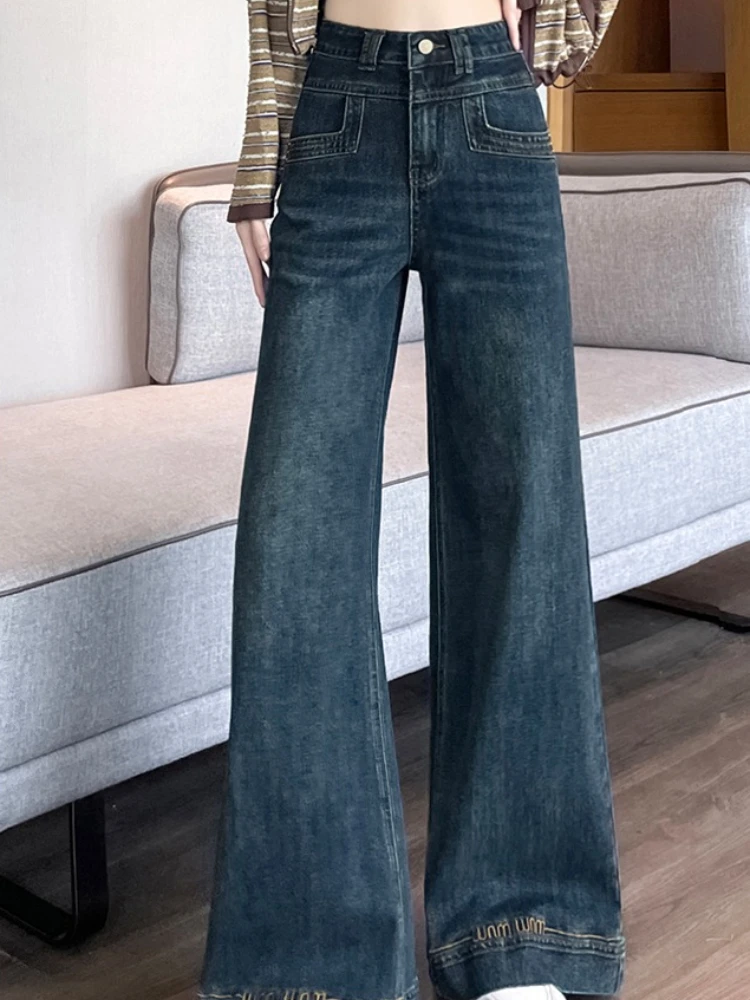 Pantaloni a gamba larga larghi ricamati e velluto a vita alta autunno/inverno da donna 2025 Pantaloni casual versatili alla moda