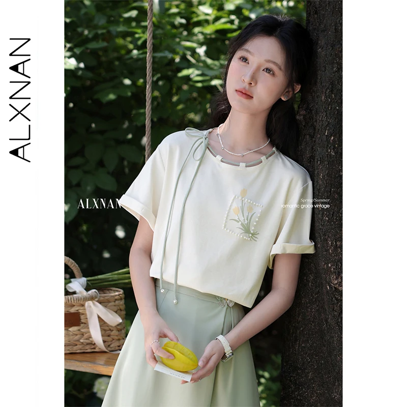 

ALXNAN женская футболка на шнуровке с принтом и бисером, летняя абрикосовая элегантная свободная футболка с короткими рукавами, женские L55919