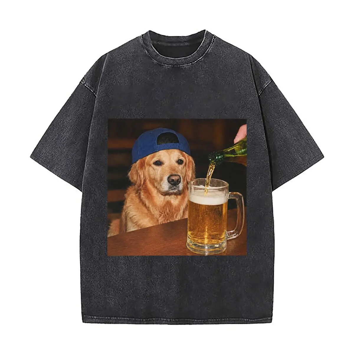 Golden Retriever Dog Beer Bar Graphic Washed Vintage Short Sleeve Loose Streetwear Tee