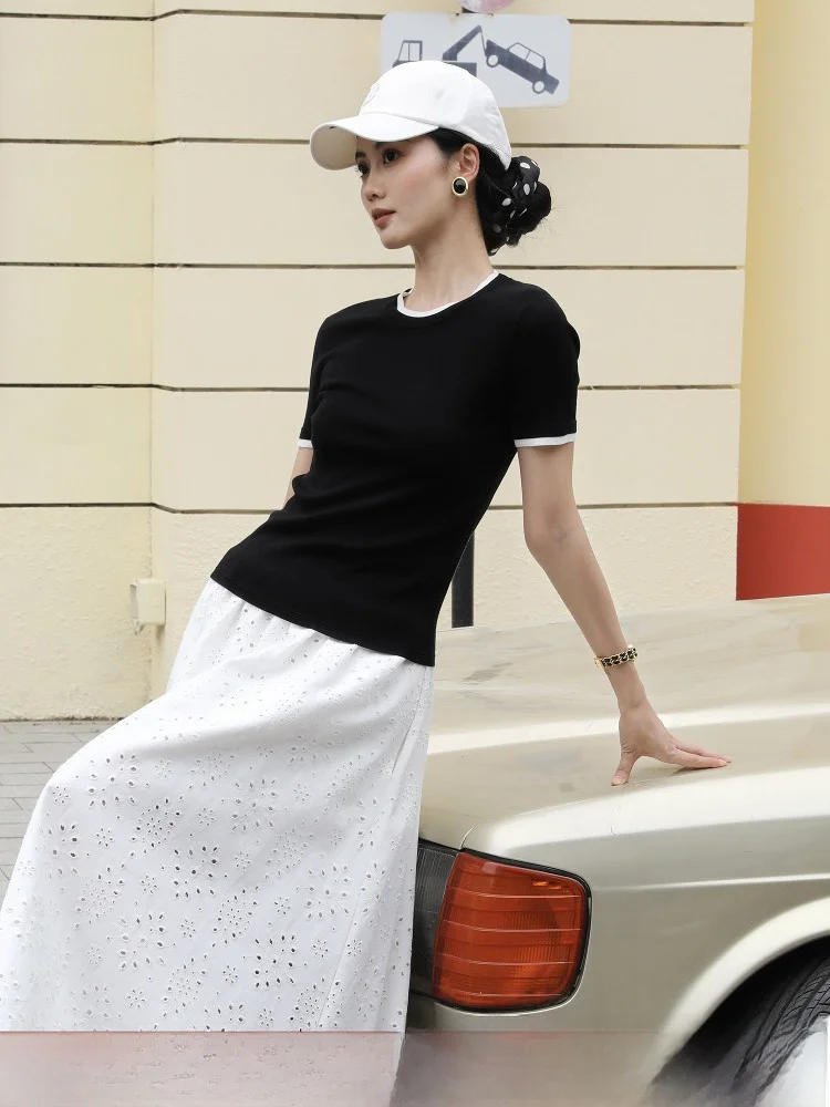 

TAIYANG OFFICE Casual Style Rayon Knitted Short Sleeve round Neck T-Shirt Splice Design Commute Fashion Straight Cut Type