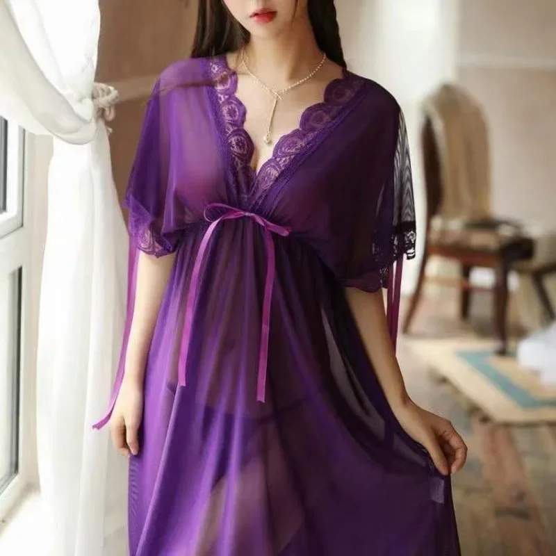 Hot Sale Sexy Spaghetti Strap Sleeping Dress Transparent Mesh Pajama Nightgown Womens Sleepwear Fun Lingerie Lace Nightdress