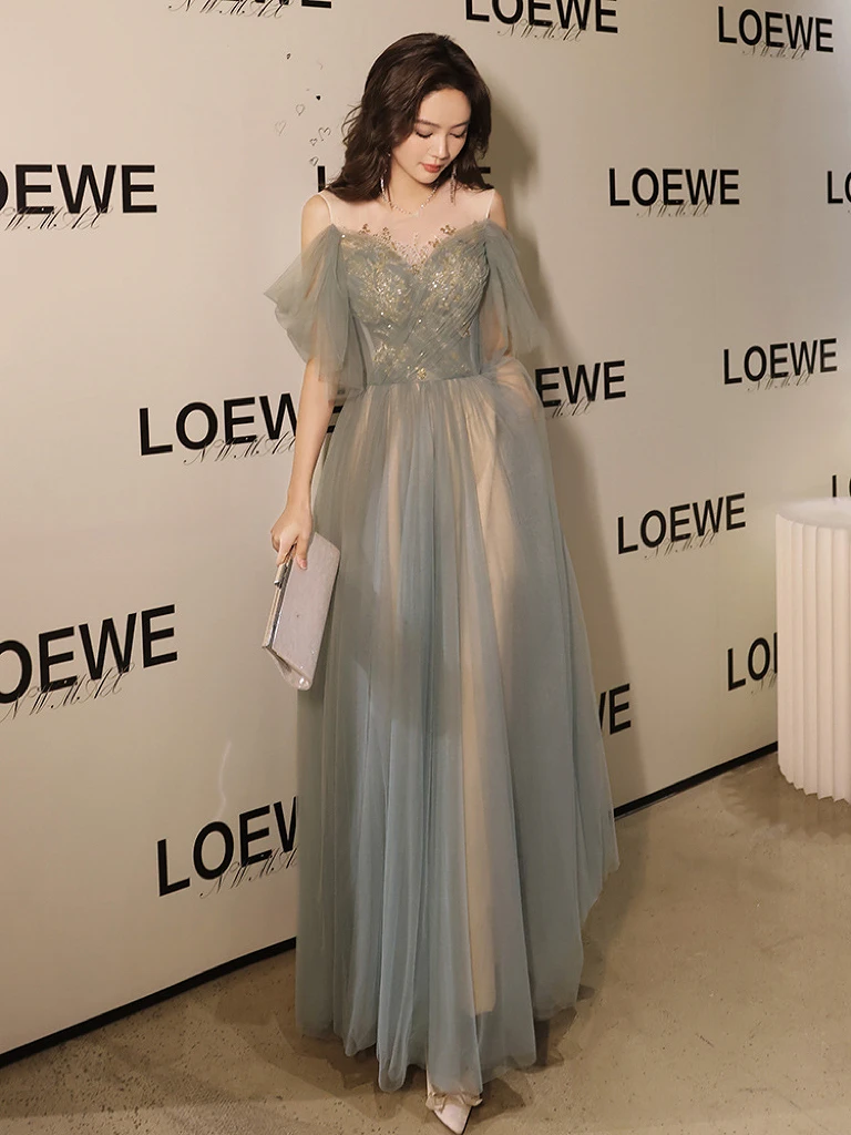 

Simple Gray Prom Dresses Applique Elegant Illusion O-neck Long Tulle A-Line Banquet Female Formal Party Cocktail Bridesmaid Gown