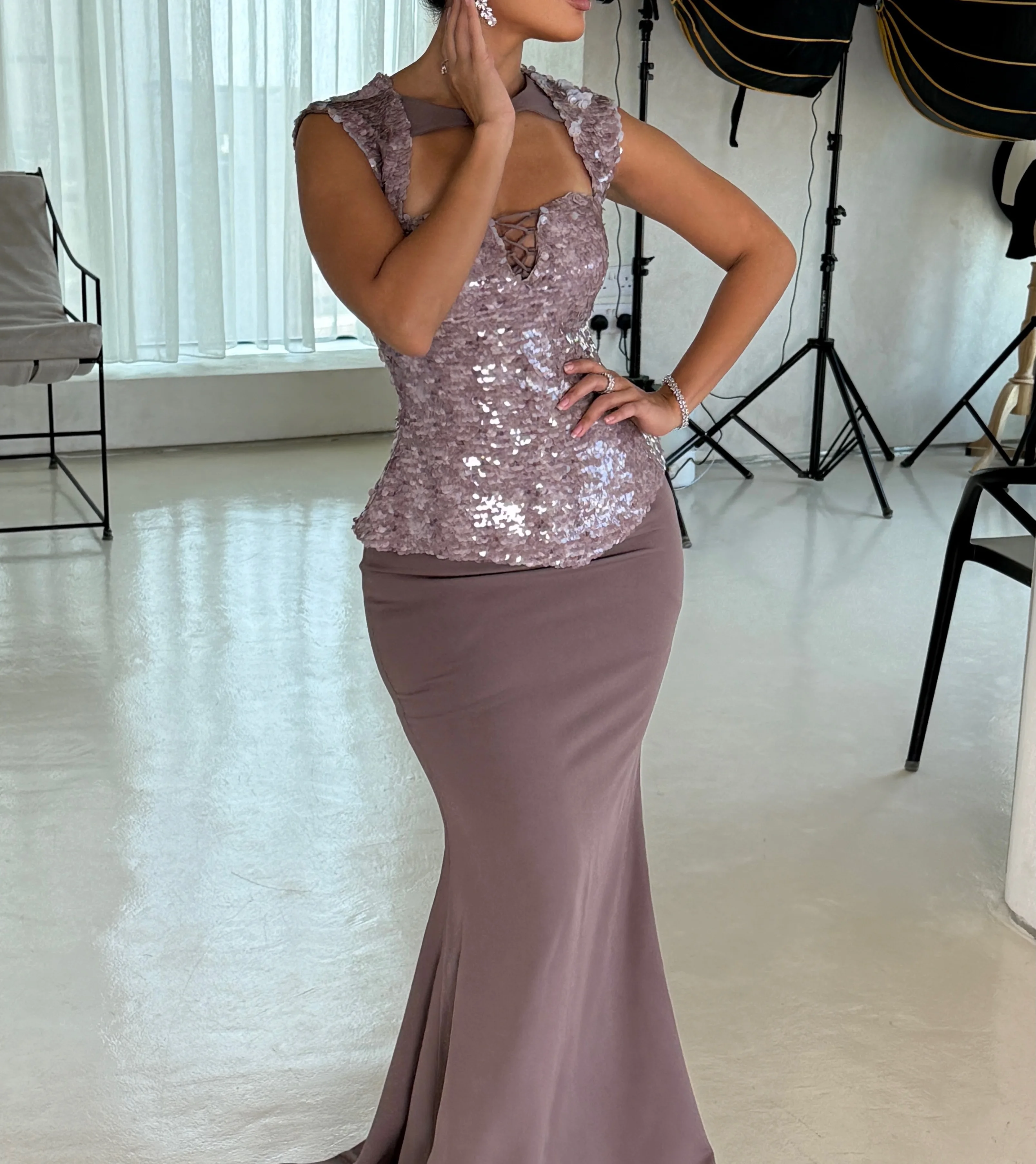 Fantasy Modern Purple Mermaid Evening Dresses Bridal Party Chest Cut-out Handmade Sequins Floor Length Elegant Prom Gowns