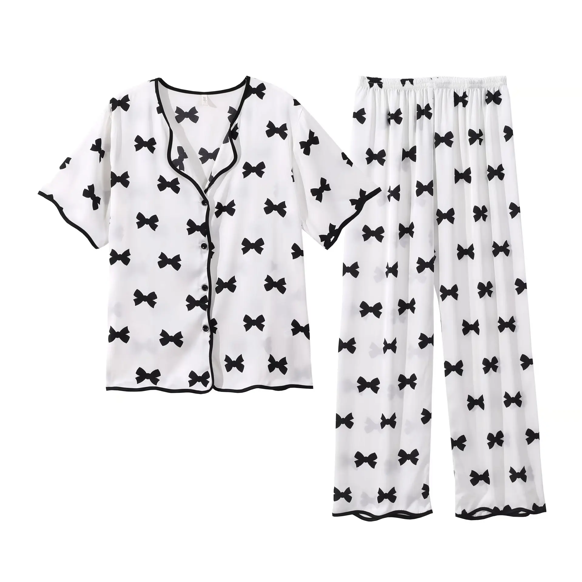 Summer Pajamas Women's Silk Suit Printed Ice Silk Short-sleeved Trousers Pajamas Sweet And Cute Casual Sleepwear Women Set