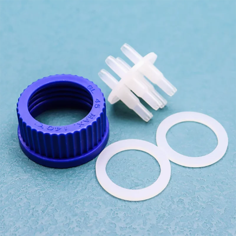 Laboratory GL45 feeding head mobile phase bottle cap plastic reactor adapter cap single double-way three-way four-way cap