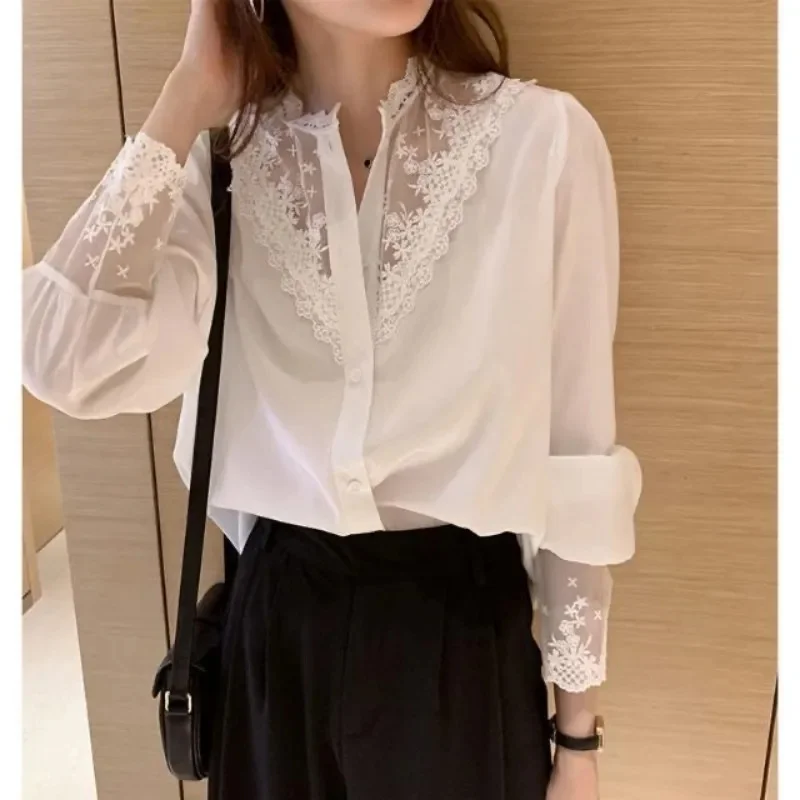 Summer Women Blouse Lace Patchwork White Shirt Long Sleeve Button Elegant Office Lady Tops Korean Style Blouse Shirts