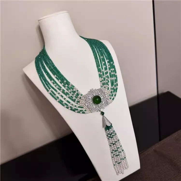 Women's multi-layered Micro zircon green agate pearl tassel fashion sweater necklace