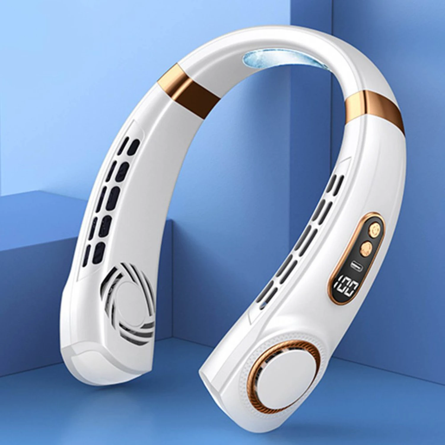 Портативный шейный вентилятор, перезаряжаемый через USB вентилятор с шейным ремешком без помощи рук, 5 скоростей, регулируемый с красочным окружающим освещением