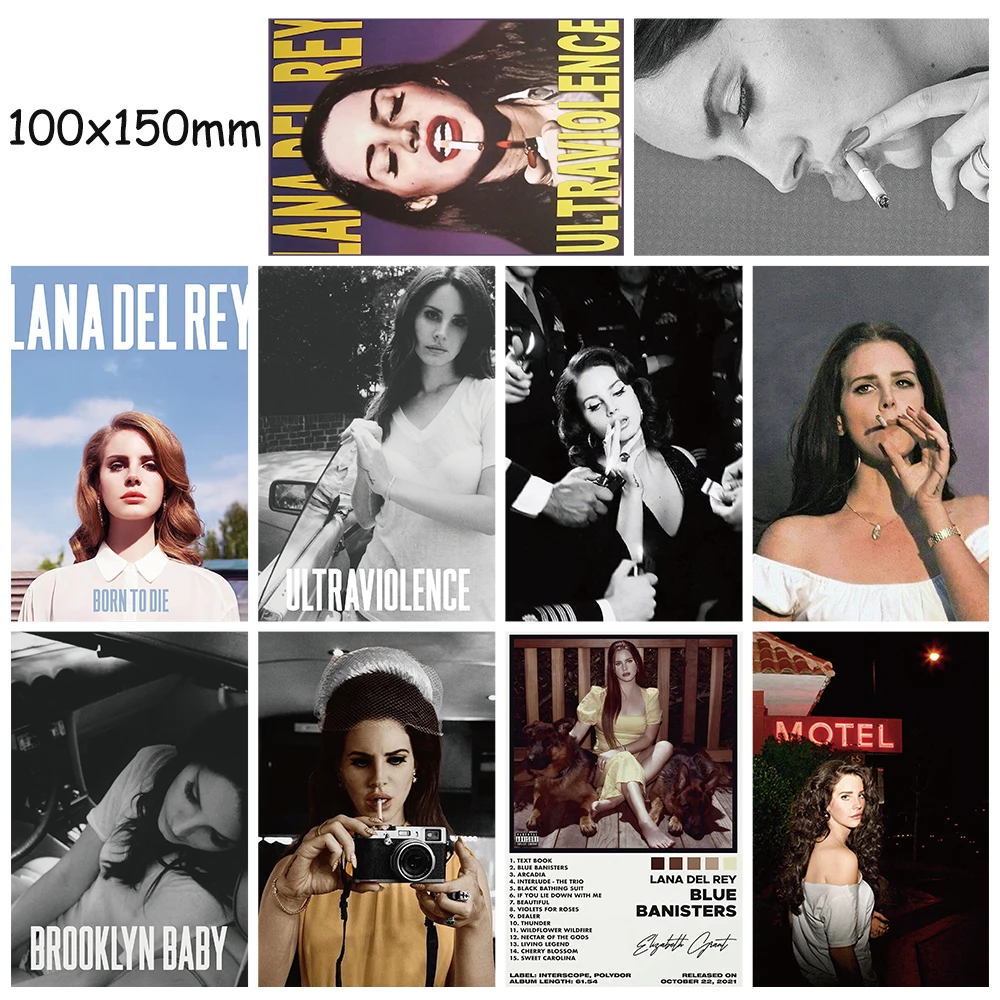 10pcs Lana Del Rey Wall Art Decor Prints Nostalgia for Bedroom Decor Watercolor Cartoon Collage Classic Kit for Teen Trendy Card