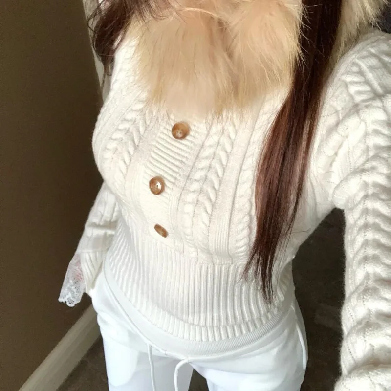 Jesienno-zimowy sweter z długim rękawem, retro, podkreślający talię, z wstawkami w kwiaty, dzianinowy, czerwony na Nowy Rok, gruby, dopasowany.