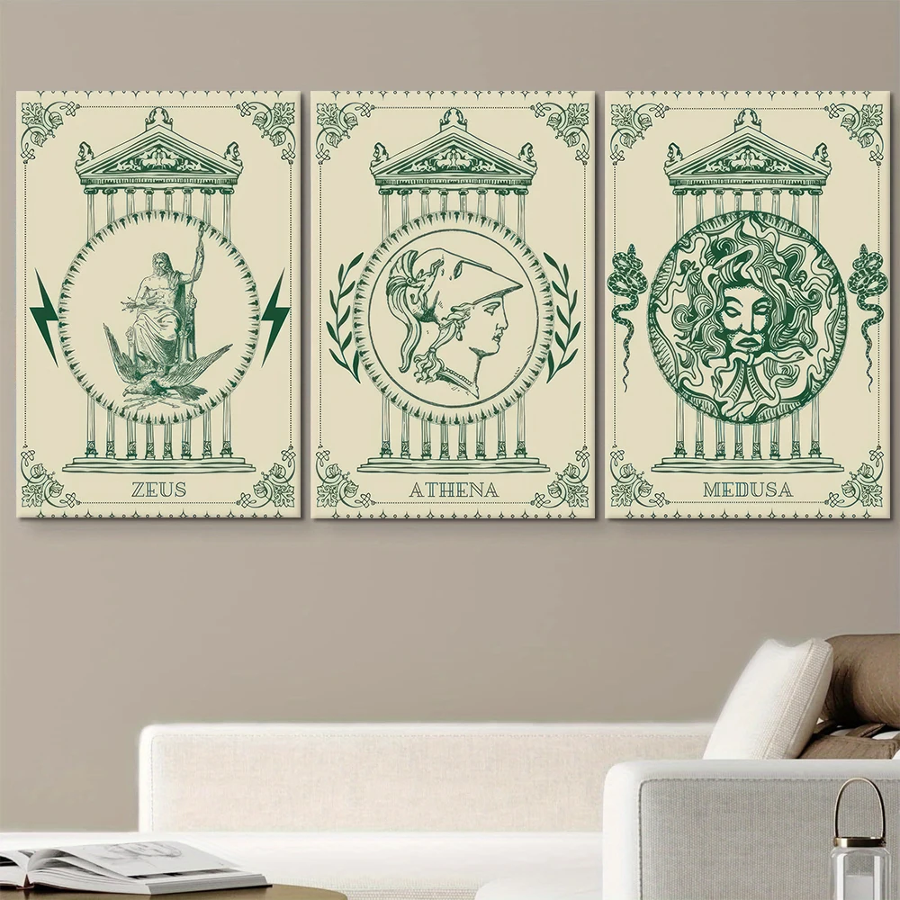 3 pieces of canvas decorative paintings of the Zeus throne in Greek mythology, retro green style, neoclassical architectural sty