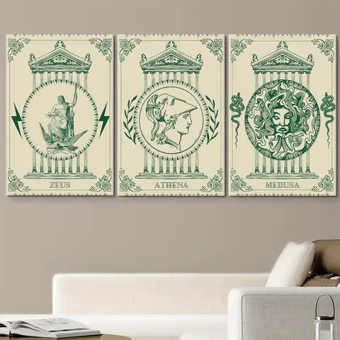 3 pieces of canvas decorative paintings of the Zeus throne in Greek mythology, retro green style, neoclassical architectural sty