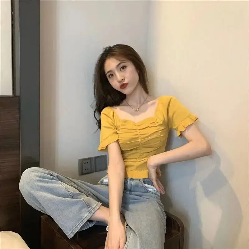 Summer Ice Silk Square Collar Irregular Short Sleeve Top Solid Ruffles Short Crop Tops T-Shirt Casual All-match Women Clothing