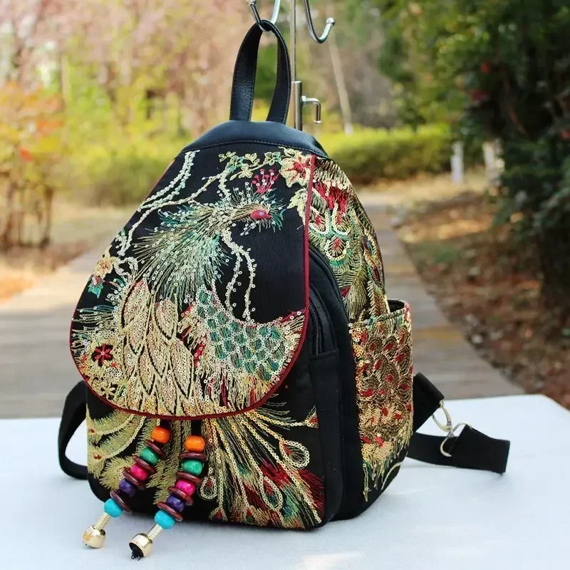 Vintage Design Canvas Backpack Women Large Capacity Ethnic Backpack Hand Embroidered Backpack Women Travel Shoulder Rucksack