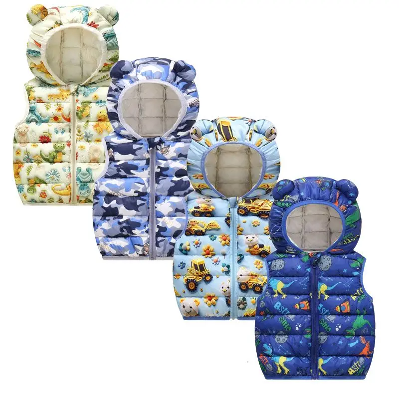 2025 New Children's Vest Boys and Girls Autumn/Winter Cartoon Printed Down Cotton Hooded Warm Tank Top 0-5Y