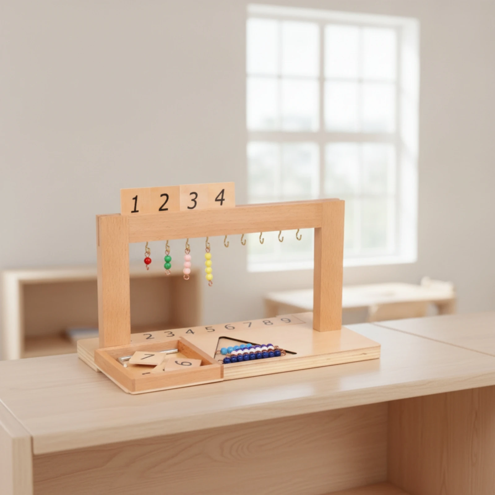 Montessori Mathematics Teaching Apparatus with Bead Strands Tactile Hands-on Arithmetic Practice Tool with Numbered Card Holder