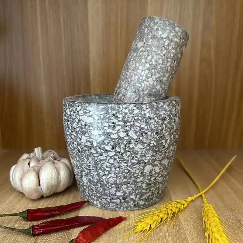 Natural Grindstone Mortar and Pestle Set Grinder for Home Use with Garlic Press, Stone Mill Medicine Grinder, Grinding Tool